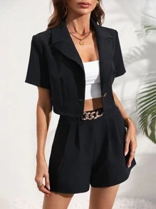 SHEIN Privé Lapel Neck Crop Blazer & Chain Detail Shorts - Black - View 3