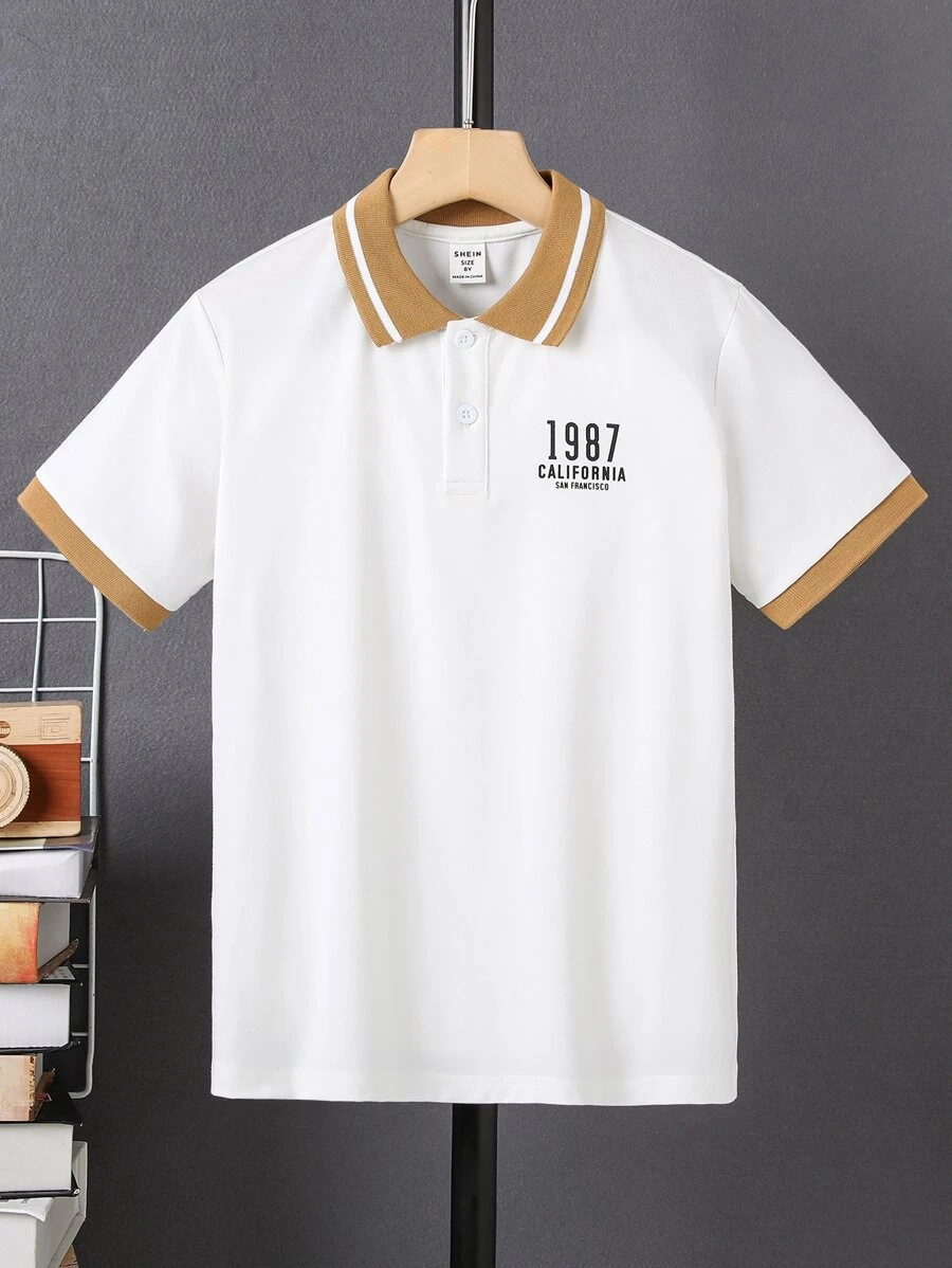 SHEIN Tween Boy Letter Graphic Striped Trim Polo Shirt