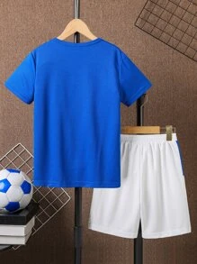 SHEIN Tween Boy Soccer Print Tee & Shorts - Blue and White - View 2