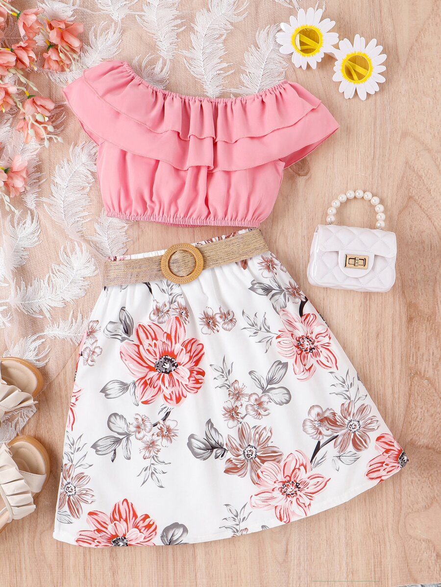 Chicas Top ribete con fruncido de hombros descubiertos & Falda con estampado floral - Multicolor - Ver 1