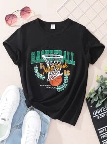 Tween Girl Basketball & Letter Graphic Tee - Black - View 1