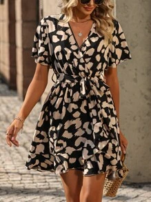 SHEIN Clasi Allover Print Butterfly Sleeve Belted Dress - Black - View 1