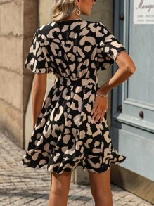 SHEIN Clasi Allover Print Butterfly Sleeve Belted Dress - Black - View 2