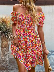 SHEIN WYWH Allover Floral Print Off Shoulder Puff Sleeve Layered Hem Dress - Multicolor - View 1