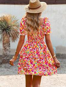 SHEIN WYWH Allover Floral Print Off Shoulder Puff Sleeve Layered Hem Dress - Multicolor - View 2