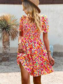 SHEIN WYWH Allover Floral Print Off Shoulder Puff Sleeve Layered Hem Dress - Multicolor - View 3