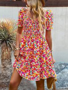 SHEIN WYWH Allover Floral Print Off Shoulder Puff Sleeve Layered Hem Dress - Multicolor - View 4