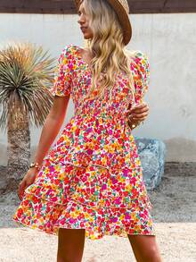 SHEIN WYWH Allover Floral Print Off Shoulder Puff Sleeve Layered Hem Dress - Multicolor - View 5
