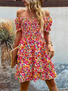 SHEIN WYWH Allover Floral Print Off Shoulder Puff Sleeve Layered Hem Dress - Multicolor - View 6