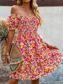 SHEIN WYWH Allover Floral Print Off Shoulder Puff Sleeve Layered Hem Dress - Multicolor - View 7