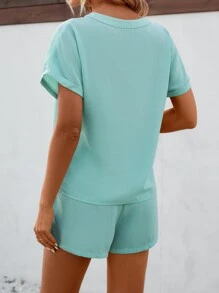 SHEIN LUNE 缺口領蝙蝠袖襯衫和短褲 - 薄荷綠 - 查看 2
