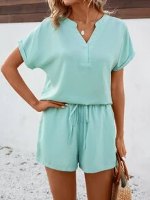 SHEIN LUNE 缺口領蝙蝠袖襯衫和短褲 - 薄荷綠 - 查看 5