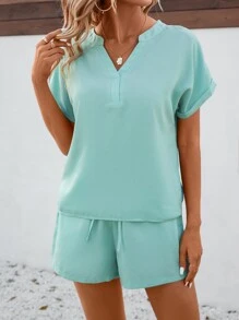 SHEIN LUNE 缺口領蝙蝠袖襯衫和短褲 - 薄荷綠 - 查看 6