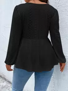Calvaya Plus Eyelet Embroidery Lantern Sleeve Peplum Tee