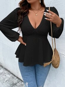 Calvaya Plus Eyelet Embroidery Lantern Sleeve Peplum Tee