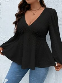 Calvaya Plus Eyelet Embroidery Lantern Sleeve Peplum Tee