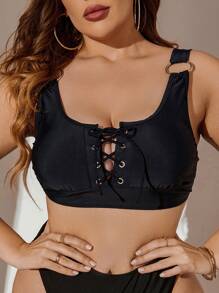 Top bikini con cordón delantero - Negro - Ver 3