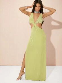 Hauture 腰部鏤空高衩掛脖連衣裙 - 青檸色 - 查看 1