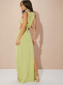 Hauture 腰部鏤空高衩掛脖連衣裙 - 青檸色 - 查看 2