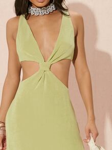 Hauture 腰部鏤空高衩掛脖連衣裙 - 青檸色 - 查看 4