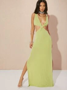 Hauture 腰部鏤空高衩掛脖連衣裙 - 青檸色 - 查看 5