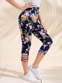 EMERY ROSE Laser Cut Out Floral Print Capri Leggings - Multicolor - View 1
