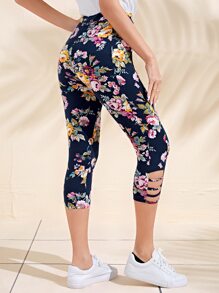 EMERY ROSE Laser Cut Out Floral Print Capri Leggings - Multicolor - View 2