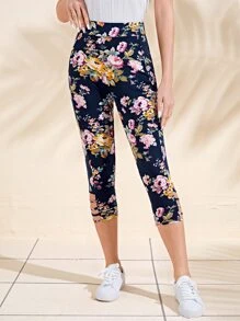 EMERY ROSE Laser Cut Out Floral Print Capri Leggings - Multicolor - View 3