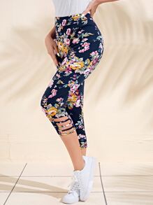 EMERY ROSE Laser Cut Out Floral Print Capri Leggings - Multicolor - View 4