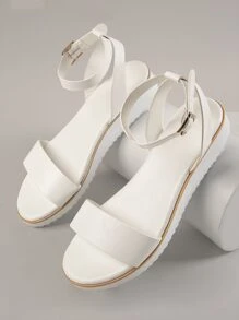SHUZIA Faux Leather Ankle Strap Flat Sandals Holiday Vacay Vibe For Summer Shoes Spring Shoes Spring Break Easter - White - View 2