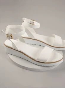 SHUZIA Faux Leather Ankle Strap Flat Sandals Holiday Vacay Vibe For Summer Shoes Spring Shoes Spring Break Easter - White - View 4