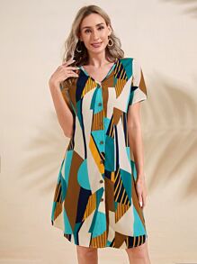 EMERY ROSE Geo Print Curved Hem Dress - Multicolor - View 1