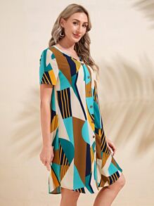 EMERY ROSE Geo Print Curved Hem Dress - Multicolor - View 3