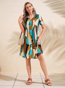 EMERY ROSE Geo Print Curved Hem Dress - Multicolor - View 4