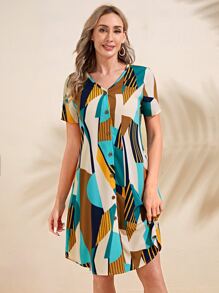 EMERY ROSE Geo Print Curved Hem Dress - Multicolor - View 5
