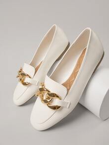 純素皮革缺口V領側金屬鏈條平底鞋 - 白色 - 查看 2