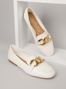 純素皮革缺口V領側金屬鏈條平底鞋 - 白色 - 查看 4