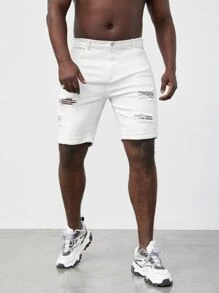 GENTILAND Men Plus Cotton Ripped Frayed Bermuda Denim Shorts - White - View 4