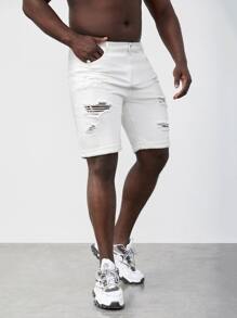 GENTILAND Men Plus Cotton Ripped Frayed Bermuda Denim Shorts - White - View 5