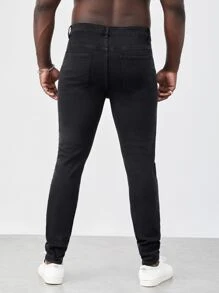 GENTILAND Men Plus Splash Ink Print Ripped Skinny Jeans - Black - View 2