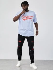 GENTILAND Men Plus Splash Ink Print Ripped Skinny Jeans - Black - View 3