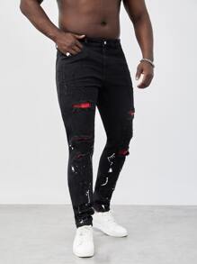 GENTILAND Men Plus Splash Ink Print Ripped Skinny Jeans - Black - View 4