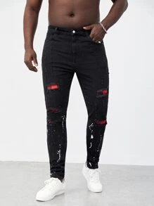 GENTILAND Men Plus Splash Ink Print Ripped Skinny Jeans - Black - View 5