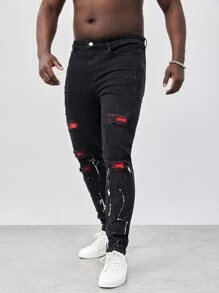 GENTILAND Men Plus Splash Ink Print Ripped Skinny Jeans - Black - View 6