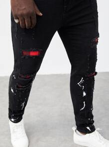 GENTILAND Men Plus Splash Ink Print Ripped Skinny Jeans - Black - View 7