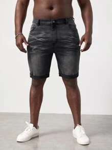 GENTILAND Men Plus Cat Whisker Washed Denim Shorts - Dark Grey - View 8