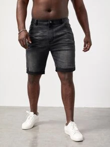 GENTILAND Men Plus Cat Whisker Washed Denim Shorts - Dark Grey - View 5