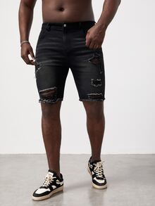 GENTILAND Hombres Shorts mezclilla bermuda desgarro crudo bajo de doblez - Negro - Ver 2