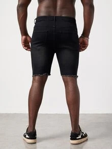 GENTILAND Hombres Shorts mezclilla bermuda desgarro crudo bajo de doblez - Negro - Ver 8