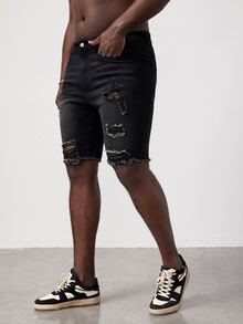 GENTILAND Hombres Shorts mezclilla bermuda desgarro crudo bajo de doblez - Negro - Ver 3